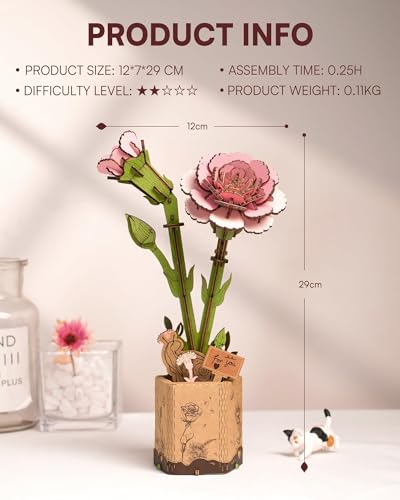 3D Flower Wooden Puzzles for Adults-Pink Carnation, DIY Wooden Flowers Model Kit Building Set Crafts Birthday Gifts, Artificial Botanical Collection Creative Gift Ideas/Housewarming (124PCS) - style: TW - Pink Carnation