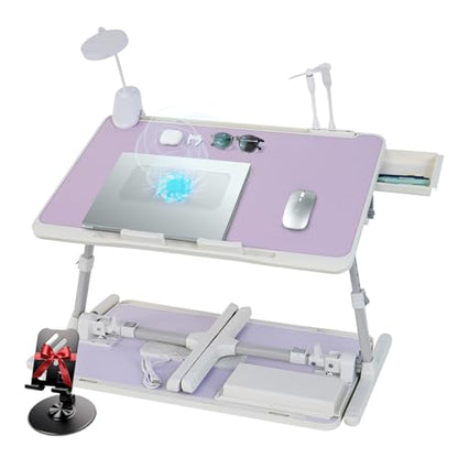Adjustable Laptop Lap Desk with Cooling Fan USB Light for Adults 60x40cm,Purple - color: Purple+holder,60x40cm