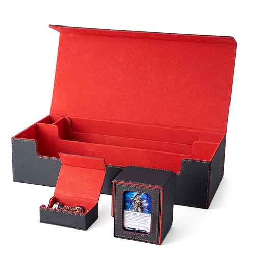 MTG Deck Box Holds 5 Display Card Deck Boxes with Playmat and Dice Box,Includes 10 colorful dividers and 1 card supporter, Trading Card Storage Box For Magic Game Cards (Black and Red) | Holds 5 Deck Boxes (not included)/650 Single/520 Double-Sleeved Card