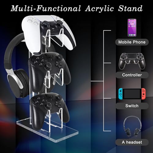 FYY Game Controller Holder 3 Tiers - Universal Dual Stand and Headphone Holder, Acrylic Clear Display Compatible With Nintendo Switch, Xbox, PS5, PS4 - Desk Mounts for Controllers - color: 3-Tier-Clear