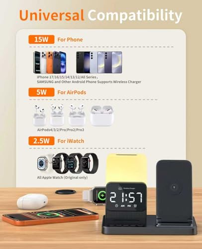 6-in-1 Wireless Charging Station,Charger Stand for Apple Devices for Gifts | for iPhone 17-12 Pro Max Watch Airpods,Wireless Charger iPhone Charging Station with Night Light/Alarm Clock Gifts