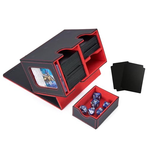 MTG Deck Box for Commander Display with Dice Tray (Black＆Red) | Holds 200 Single/160 Double-Sleeved Cards, Fit MTG/PTCG/OPTCG Cards, Strong Magnet, With 2 Dividers & 1 Magnetic Card Holder - color: Black＆Red