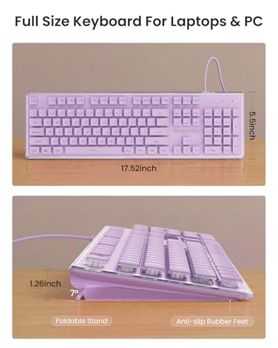 SEUNKWANG Wired Backlit Keyboard with Pudding Keycaps, Quiet Full Size Computer Keyboard White Backlight Easy-to-Read, Never Fade, Metal Panel, USB Cute Desk Setup for Windows PC Desktop, Purple - color: Purple