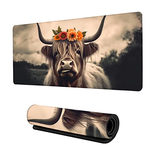 Desk Mat,Highland Cow Gaming Mouse Pad,XXL Extended Mouse Pad Mat for Office,Computer,Keyboard with Non-Slip Base Stitched Eges Mousepad 35''×15.7''×0.12'' - color: Highland Cow