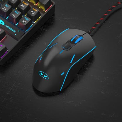 Wired Gaming Mouse, Ergonomic USB Optical Mouse with 7 Colors Breathing LED Backlit, 6 Adjustable Speed Levels from 600 to 3200 for Laptop PC - color: Black