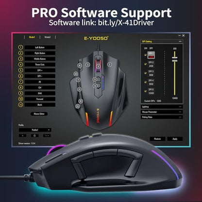 E-YOOSO Wired Large Gaming Mouse, RGB Backlit, 5 Macro Side Buttons, 200-12400 DPI, 11 Programmable Buttons, Rapid Fire Button, Adjustable Weights, Software Supports, Ergonomic for PC/Mac, Black