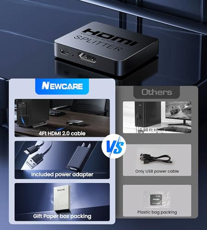4K HDMI Splitter 1 in 2 Out with Power Adapter and 4Ft Hdmi 2.0 Cable | Mirror 1 Source Screen to 2 Display Devices-Not for Extended Display, 1x2 HDMI Splitter Compatible with PS4, HDTV, Monitor