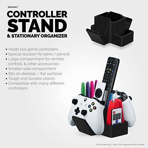 BRAINWAVZ Dual Game Controller, TV Remote Control & Stationary Storage Desktop Organizer Holder, Universal Design for Xbox ONE PS5 PS4 PC Gamepads, Reduce Clutter (D03) - color: 2 Controllers & Stationary Black