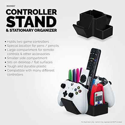 BRAINWAVZ Dual Game Controller, TV Remote Control & Stationary Storage Desktop Organizer Holder, Universal Design for Xbox ONE PS5 PS4 PC Gamepads, Reduce Clutter (D03) - color: 2 Controllers & Stationary Black