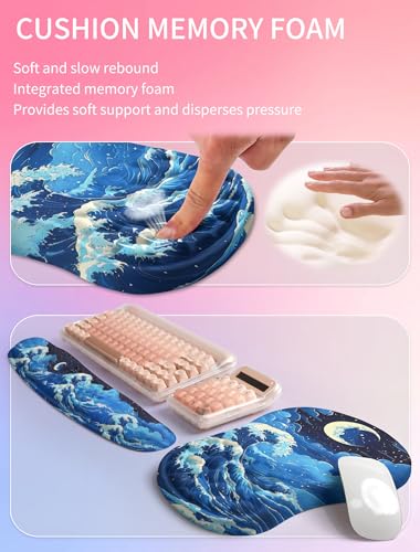 Hokafenle 2in1 Combination, Wave Keyboard Wrist Rest and Ergonomic Curvature Mouse Pad Wrist Support for Relieve Wrist Pain, Filled with Soft Cushion Memory Foam, Crescent Waves - color: Crescent Waves