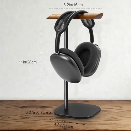 GEVO Headphone Stand for Desk, Walnut Wood & Aluminum Headset Stand, Universal Walnut Gaming Headset Holder with Solid Heavy Base for AirPod Max, Bose, Sony All Headphone Sizes (Square Base)