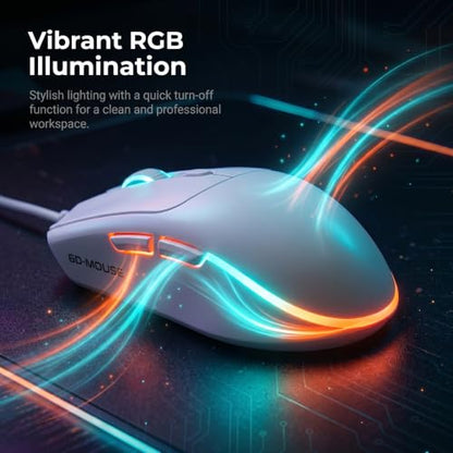Wired Gaming Mouse RGB, 50g Lightweight Silent USB Mouse -White | 4 DPI Levels Up To 2400, Silent Clicks, Ergonomic Design, RGB Lighting, USB Plug & Play for PC Laptop Desktop Computer Mac