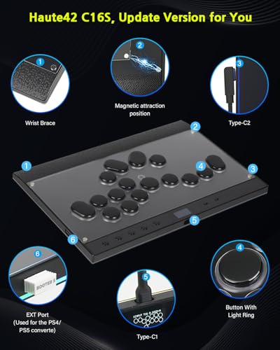 JZW-Shop Leverless Aracde Stick C16S, All-Button Arcade Controller for Switch, PC, PS4, PS3, Steam Deck, Arcade Fight Stick with Turbo & Custom RGB, Supports Hot-Swap & SOCD