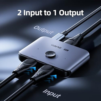llano HDMI 2.1 Switch 2 in 1 Out 8K@60Hz 4K@120Hz, HDMI Switcher 48Gbps Bidirectional, Supports VRR HDR10 Dolby Atmos, for PS5 Xbox Apple TV Roku Switch 2, Aluminum Alloy Case