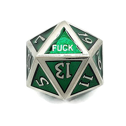Metal D20 F Dice Critical Fail F 20 Sided Die Set DND Number Role Playing Game Dungeons and Dragons D&D Black Silver Red Blue Gold Copper Purple Green Pink White (Single Dice, Green and Silver) - color: Green and Silver, style: Single Dice