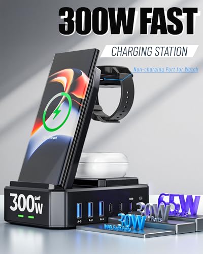 Wireless Charger for Samsung,300W 10 in 1 Wireless Charging Station, 65W USB C Fast Charging Stand for Samsung S25 Ultra/S24/S23/S22/Note 20,Galaxy Watch Ultra7/6/5,Galaxy Buds(Not for Apple Watch) - color: black