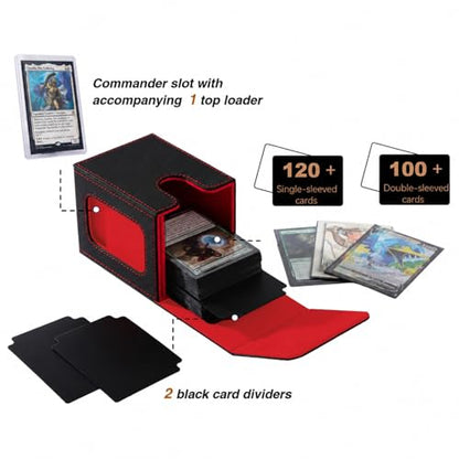MTG Deck Box with Commander Display, Fits TCG Cards (Black＆Red) | Holds 120 Single/100 Double-Sleeved Cards, Fit MTG/PTCG/OPTCG Cards, Strong Magnet, PU Leather, With 2 Dividers & 1 Toploader - color: Black＆Red