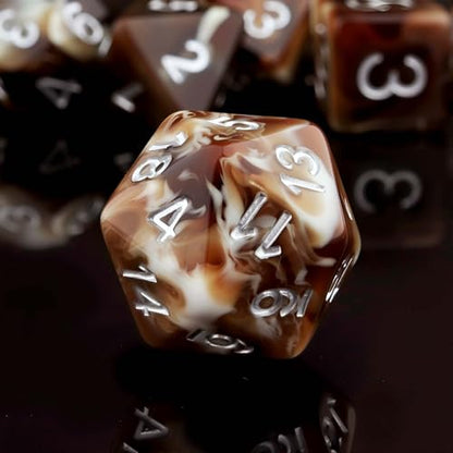 Haxtec Coffee DND Dice Set 7PCS Polyhedral D&D Dice for Roleplaying Games, D20 with Espresso Cup Icon, Latte Resin Dice with Velvet Pouch for Dungeons and Dragons, Great Gift for DND Lovers & Gamers - color: Coffee