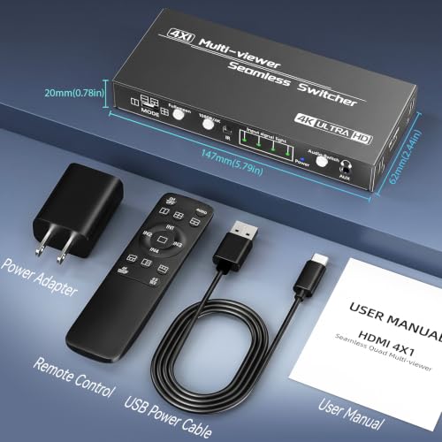 4K HDMI Multiviewer Switch 4x1 Quad Multi-Viewer Seamless Switching | with IR Remote Support 4K@30Hz 1080P@60Hz and 10 Display Modes for Security Camera, Gaming Consoles