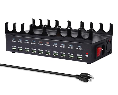 770W Charging Station for Multiple Devices, 20-Port USB C Fast Charging Station with Dual 140W PD PPS Port, Multi Device Fast Charger Dock for MacBook Pro Laptop, iPhone, iPad, Tablet, Cell Phone - color: Dark Black