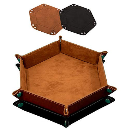 SIQUK 2-Piece Dice Tray - PU Leather Folding Hexagon Dice Holder for RPG, DND and Other Table Games (Camel and Black) - color: Camel and Black