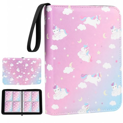 Cute Trading Card Binder for Girls for 480 Pockets, Small Cards Holder Case with Zipper for Cards Sticker Photocard Collection, 4 Pocket Pink Unicorn - color: Pink