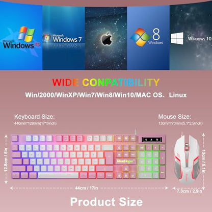 BlueFinger RGB Gaming Keyboard and Backlit Mouse Combo, USB Wired, LED Gaming Set for Laptop PC Computer Game and Work (Pink & White) - color: Pink & White