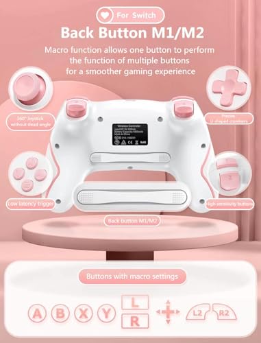 Matbip Wireless Pro Controller for Switch/Switch 2/Switch Lite/Switch OLED, wireless controller for switch with 2 back buttons, 3-level TURBO adjustable (Pink) - color: Pink