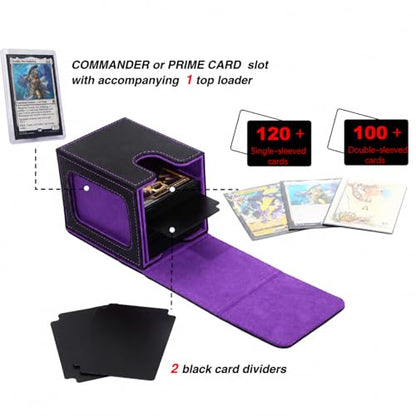MTG Deck Box with Commander Display Window (Black＆Purple, 1 window) | Holds 120 Single/100 Double-Sleeved Cards, Fit MTG/PTCG/OPTCG Cards, Strong Magnet, PU Leather, With 2 Dividers & 1 Toploader - color: Black and Purple