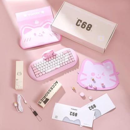 YUNZII C68 Silicone Cute Cat Mechanical Keyboard (Pink, Cocoa Cream Switch) | Wireless Triple Mode BT5.0/2.4G/Wired, RGB Backlit NKRO, Cute Cat Silicone Ergonomic Design for Win/Mac - color: Pink, size: Cocoa Cream V2 Switch