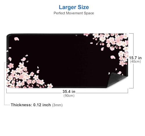 IMAYONDIA Ethereal Sakura Nightfall Desk Pad (35.4x15.7 in), Cherry Blossom Large Gaming Mouse Pad Mousepad, Serene Blossoms on Black Elegant Floral Art Desk Mats, Japanese Floral Computer Accessory - color: Cherry Blossom Black