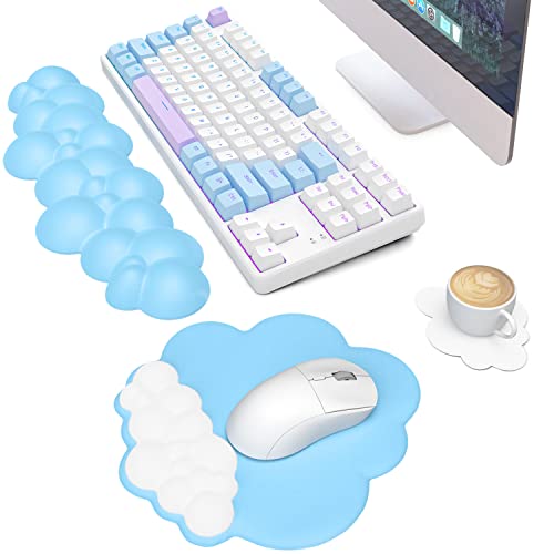 MANBASNAKE Cloud Mouse Pad Wrist Support Keyboard Wrist Rest Set with Ergonomic Memory Foam,Non-Slip Base,Cloud Coasters for Home,Office,Laptop,Desktop Computer,Easy Typing Pain Relief Blue/White - color: Blue/White