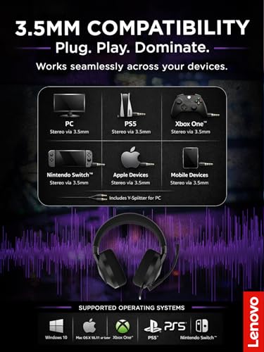Lenovo H210 Wired Gaming Headset - 3.5mm Connection, Flip-to-Mute Noise-Cancelling Microphone, Breathable Ear Cups - Black - style: H210