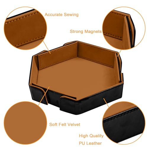 SIQUK Magnetic Folding Dice Tray Hexagon Dice Rolling Tray PU Leather Dice Trays Foldable Dice Holder Dice Rolling Mat Storage Box for D&D RPG Dice Games, Camel - color: Camel