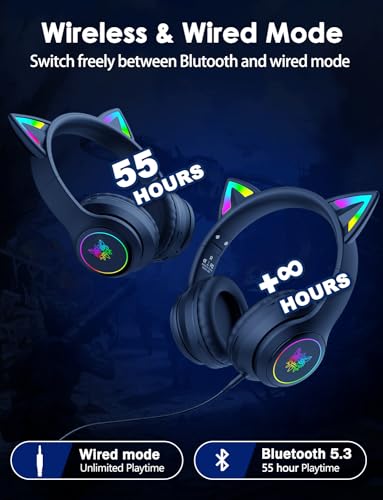Cat Ear Bluetooth Headphones for Kids & Adults, 55H Play Time, Wireless Foldable & Wired Multi-Function LED Light Up Over Ear Headphones with Mic and Volume Control for iPhone/iPad/Laptop/PC - style: Adults-105dB-Black