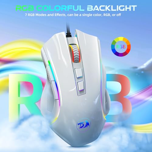 Redragon M602 Gaming Mouse, Ergonomic RGB Gaming Mouse Wired with 7200 Adjustable DPI, 9 Programmable Buttons, Professional Software for Gamer Office [White] - color: White