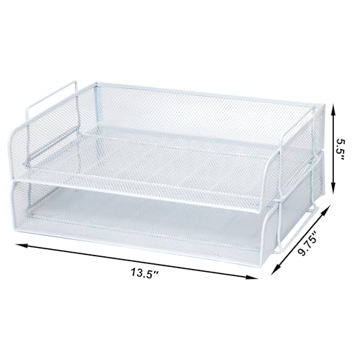 EASEPRES 2 Pack Stackable Desk Paper Tray, Metal Mesh Desktop Document Letter File Organizer for Office Home School, 13.5'' L x 9.75'' W x 5.5'' H, White - color: 2 Pack White