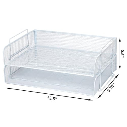 EASEPRES 2 Pack Stackable Desk Paper Tray, Metal Mesh Desktop Document Letter File Organizer for Office Home School, 13.5'' L x 9.75'' W x 5.5'' H, White - color: 2 Pack White