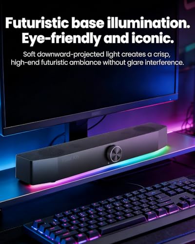 Computer Speakers for Desktop, 2.0 Channel PC Speakers with Bottom Glow LED Light, Clear Sound Soundbar for Desktop Laptop Monitor, 3.5mm Aux Input, USB Powered, Black