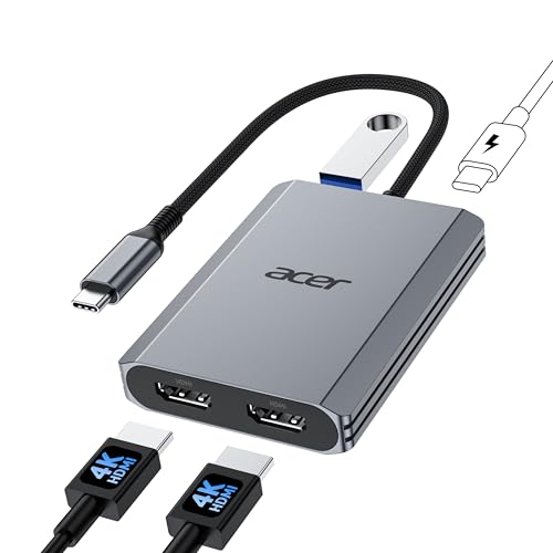 Acer 4-in-1 USB C Hub, Type C to Dual HDMI Adapter 4K@60Hz | HDMI Splitter for Dual Monitors with 100W PD Port, USB 3.0, Dual Monitor Adapter for USB C Devices with DP Alt Mode (0.65FT)