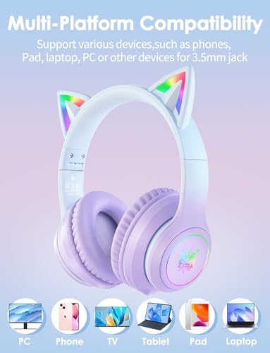 Cat Ear Bluetooth Headphones with Micphone for Kids & Adults, LED Light Up Wireless HI-FI Sound Quality, Over-Ear Headphones with Volume Control for iPhone/iPad/Laptop/PC(55H Play Time) - style: Adults-105dB-Purple