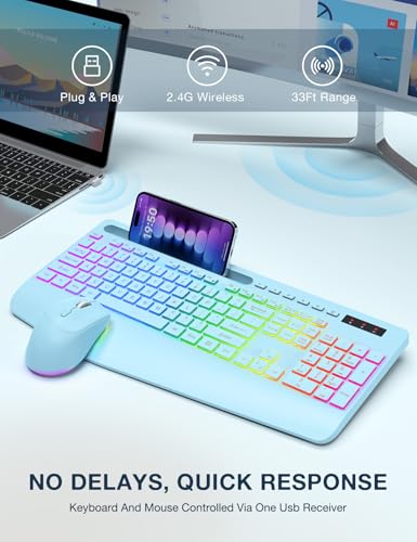 Wireless Keyboard and Mouse Combo, 9 Backlit Effects, RGB, 2.4GHz | Ergonomic Wrist Rest, Phone Holder, Rechargeable, Full Size, KM22 MAX Silent Set for Computer, Laptop, Mac, Windows (Blue) - color: Sky Blue