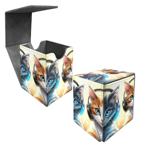 Card Deck Box Trading Cards with Strong Magnet Cats With Headphones Theme Commander Deck Box Card Storage Box Magic Premium Card Storage Box Case Cover for TCG CCG Magic Cards - color: Cats With Headphones, size: B Card Deck Box