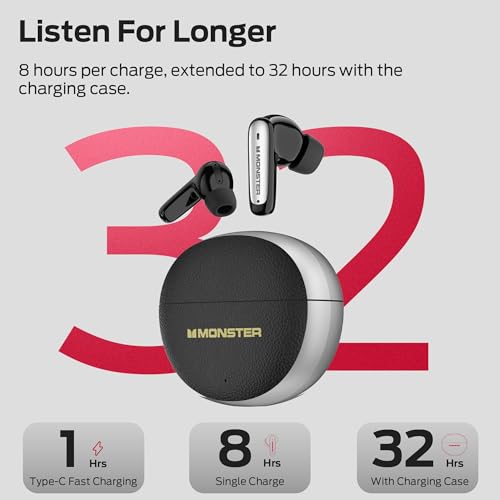 Monster Wireless Earbuds, Bluetooth 6.0 Headphones Deep Bass, Black