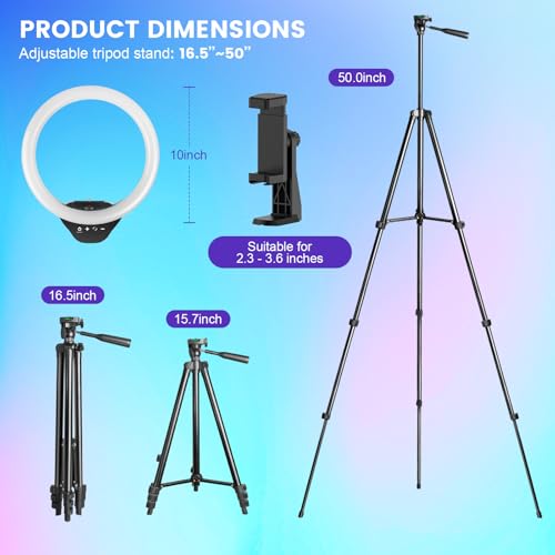 Sensyne 10'' RGB Ring Light with 50'' Extendable Tripod Stand, Circle Lights with Phone Holder for Live Stream/Makeup/YouTube Video/TikTok, Compatible with All Phones - color: RGB, size: 10-inch