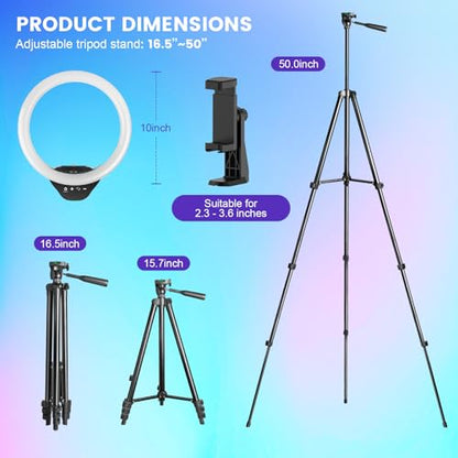 Sensyne 10'' RGB Ring Light with 50'' Extendable Tripod Stand, Circle Lights with Phone Holder for Live Stream/Makeup/YouTube Video/TikTok, Compatible with All Phones - color: RGB, size: 10-inch