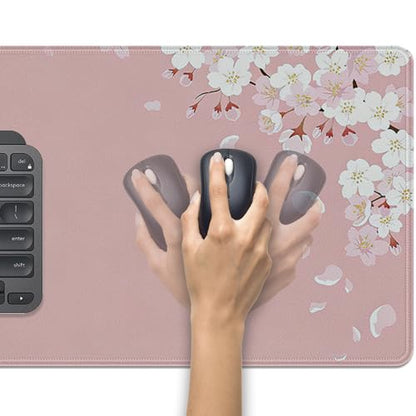 Pink Cherry Blossom Large Mouse Pad Desk Mat, 27.5x11.8in Japanese Sakura Floral Extended Keyboard Mousepad with Stitched Edges, Non-Slip Waterproof Rubber Base for Office, Computer & Laptop - color: Pink Cherry Blossoms