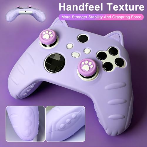 Purple Cute Cat Anti-Slip Protective Silicone Cover Skin Grips Compatible with Xbox Series X/S Controller with Stickers and 2 Thumb Paw Grip Caps Cat Paw Caps – Shockproof Dustproof