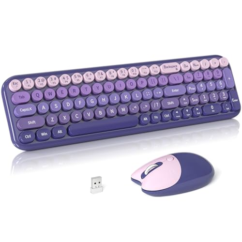 Wireless Keyboard and Mouse Combo, Meidosa 2.4GHz Colorful Full-Size Retro Typewriter Keyboard with Cat Shape 3 Level Adjustable Optical Mouse for PC/Desktop/Laptop/Windows (Purple Gradient) - color: Compact Purple Gradient Colorful