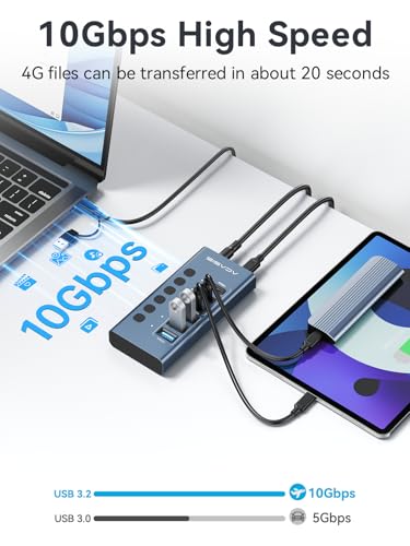 ACASIS 6 Ports Powered USB 3.2 Hub (3 USB-A 3.2 +3 USB-C 3.2), 10Gbps | Individual On/Off Switch for Each Port • Aluminum Housing • Better Heat Dissipation • Plug & Play • 48W Power Adapter - size: 6 Ports